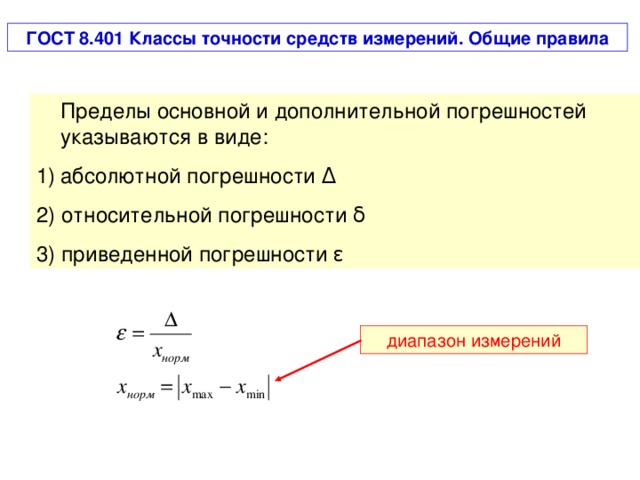 ГОСТ 8.401 Классы точности средств измерений. Общие правила  Пределы основной и дополнительной погрешностей указываются в виде: абсолютной погрешности Δ 2) относительной погрешности δ 3) приведенной погрешности ε диапазон измерений