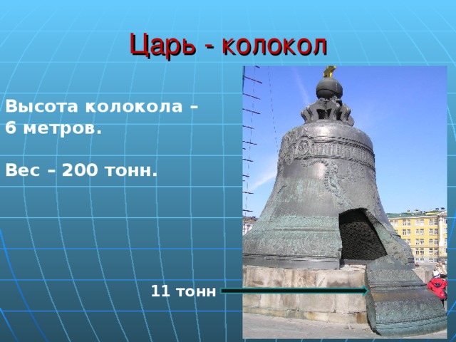 Царь - колокол Высота колокола – 6 метров.  Вес – 200 тонн. 11 тонн