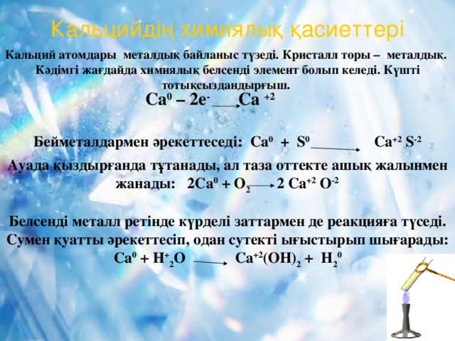 Кальцийдің химиялық қасиеттері Кальций атомдары металдық байланыс түзеді. Кристалл торы – металдық. Кәдімгі жағдайда химиялық белсенді элемент болып келеді. Күшті тотықсыздандырғыш.   Са 0 – 2е - Са +2   Бейметалдармен әрекеттеседі: Са 0 + S 0 Са +2 S -2  Ауада қыздырғанда тұтанады, ал таза оттекте ашық жалынмен жанады: 2Са 0 + О 2 2 Са +2 О -2  Белсенді металл ретінде күрделі заттармен де реакцияға түседі. Сумен қуатты әрекеттесіп, одан сутекті ығыстырып шығарады: Са 0 + Н + 2 О Са +2 (ОН) 2 + Н 2 0
