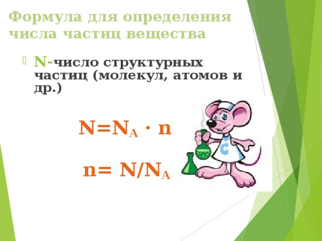 Формула для определения числа частиц вещества N- число структурных частиц (молекул, атомов и др.)   N=N A · n   n= N/N A