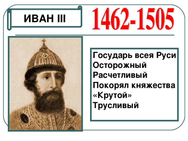 ИВАН III Государь всея Руси Осторожный Расчетливый Покорял княжества «Крутой» Трусливый