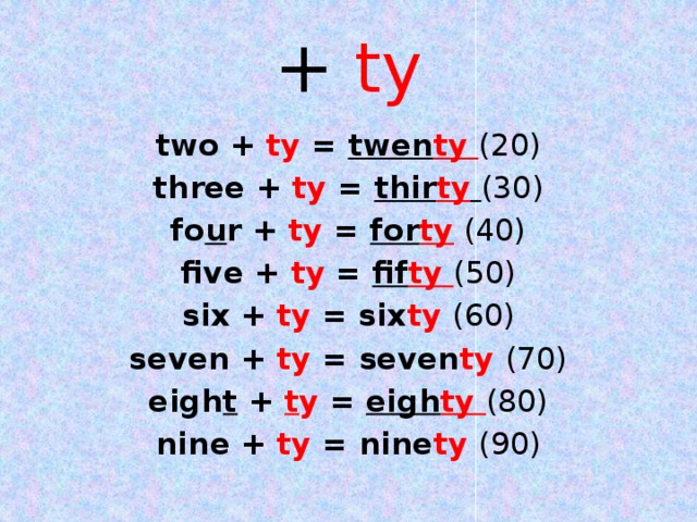+ ty two + ty = twen ty (20) three + ty = thir ty  (30) fo u r + ty = for ty (40) five + ty = fif ty (50) six + ty = six ty (60) seven + ty = seven ty (70) eigh t + t y = eigh ty (80) nine + ty = nine ty (90)
