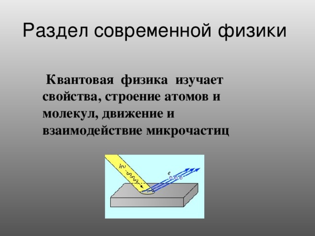 Раздел современной физики  Квантовая физика изучает  свойства,  строение атомов и молекул, движение и взаимодействие микрочастиц