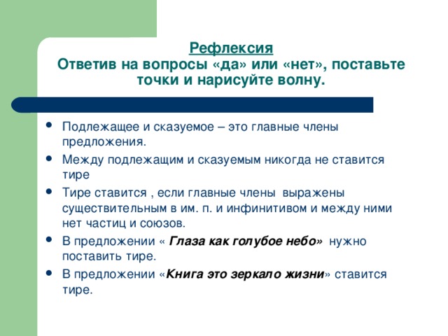 Рефлексия  Ответив на вопросы «да» или «нет», поставьте точки и нарисуйте волну.