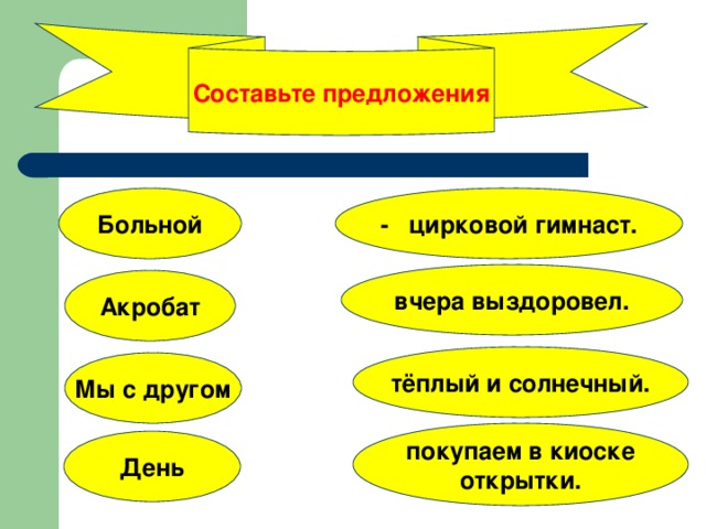 Составьте предложения Больной - цирковой гимнаст. вчера выздоровел. Акробат тёплый и солнечный. Мы с другом покупаем в киоске открытки. День