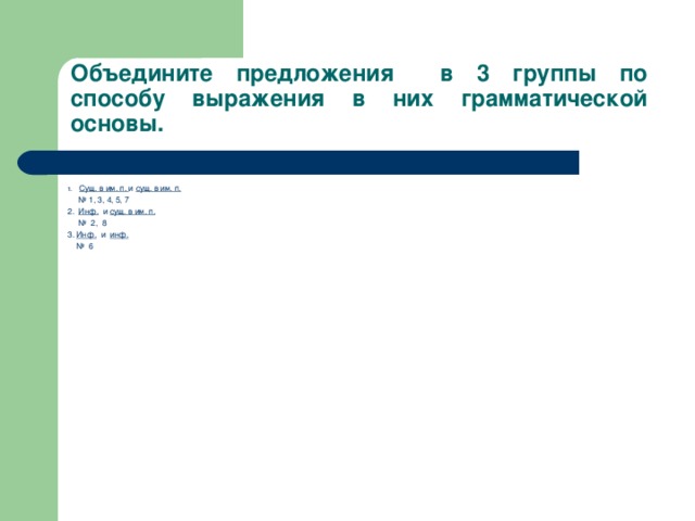 Объедините предложения в 3 группы по способу выражения в них грамматической основы. Сущ. в им. п. и сущ. в им. п. № 1, 3, 4, 5, 7 2. Инф. и сущ. в им. п. № 2, 8 3. Инф. и инф. № 6