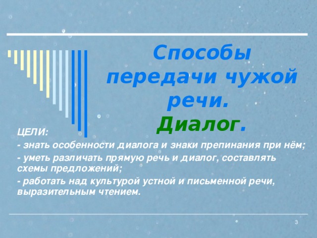 Способы передачи чужой речи.  Диалог . ЦЕЛИ: - знать особенности диалога и знаки препинания при нём; - уметь различать прямую речь и диалог, составлять схемы предложений; - работать над культурой устной и письменной речи, выразительным чтением.  .