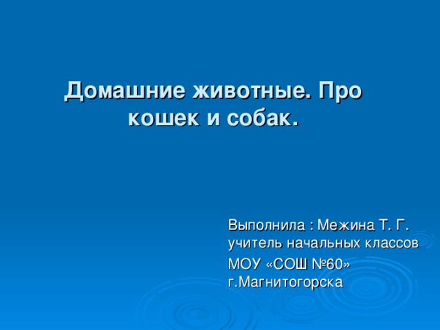 Домашние животные. Про кошек и собак. Выполнила :  Межина  Т.  Г. учитель начальных классов МОУ «СОШ №60» г.Магнитогорска