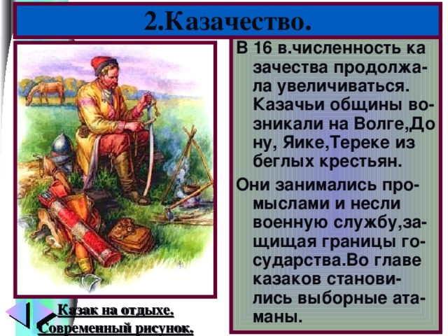 2.Казачество. В 16 в.численность ка зачества продолжа-ла увеличиваться. Казачьи общины во- зникали на Волге,До ну, Яике,Тереке из беглых крестьян. Они занимались про-мыслами и несли военную службу,за- щищая границы го-сударства.Во главе казаков станови-лись выборные ата-маны. Казак на отдыхе. Современный рисунок.