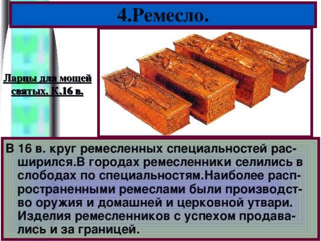 4.Ремесло. Ларцы для мощей святых. К.16 в. В 16 в. круг ремесленных специальностей рас- ширился.В городах ремесленники селились в слободах по специальностям.Наиболее расп-ространенными ремеслами были производст-во оружия и домашней и церковной утвари. Изделия ремесленников с успехом продава-лись и за границей.