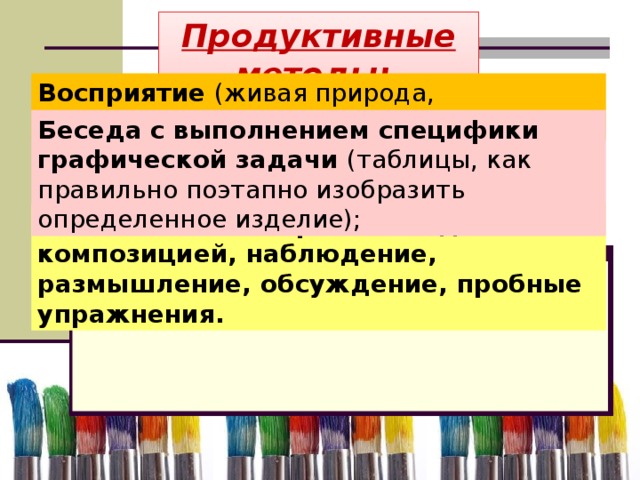 Продуктивные методы:  Восприятие (живая природа, поэтические произведения); Беседа с выполнением специфики графической задачи (таблицы, как правильно поэтапно изобразить определенное изделие); Самостоятельная работа над композицией, наблюдение, размышление, обсуждение, пробные упражнения.