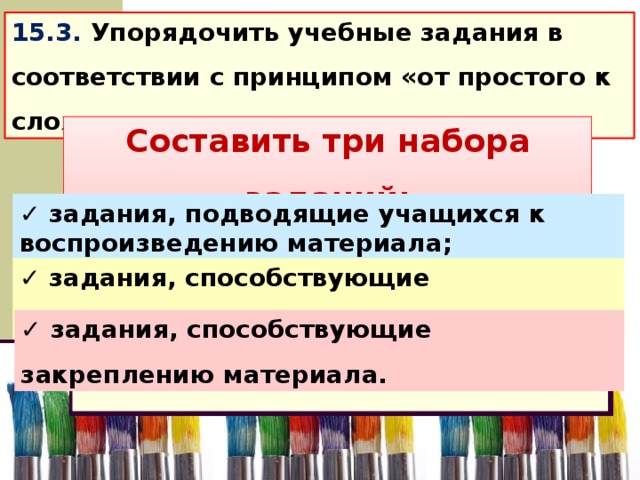 15.3. Упорядочить учебные задания в соответствии с принципом «от простого к сложному». Составить три набора заданий: ✓ задания, подводящие учащихся к воспроизведению материала; ✓ задания, способствующие осмыслению материала; ✓ задания, способствующие закреплению материала.