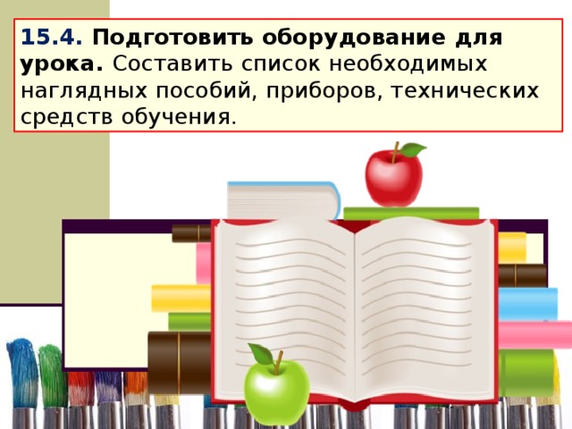 15.4. Подготовить оборудование для урока. Составить список необходимых наглядных пособий, приборов, технических средств обучения .