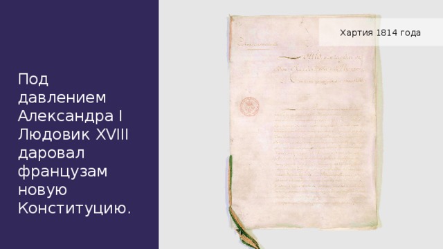Хартия 1814 года Под давлением Александра I Людовик XVIII даровал французам новую Конституцию.