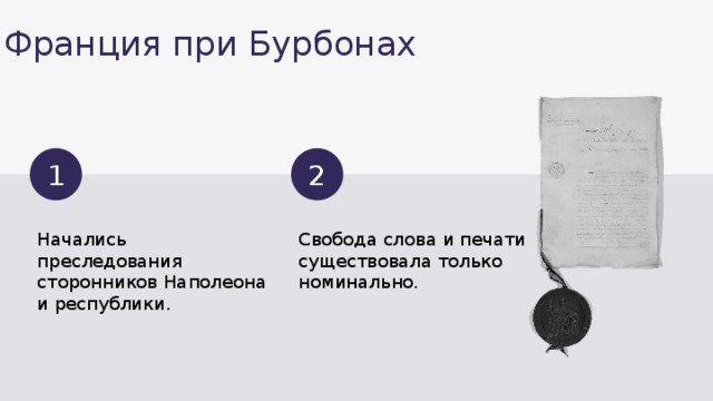 Франция при Бурбонах 1 2 Начались преследования сторонников Наполеона Свобода слова и печати существовала только номинально. и республики.