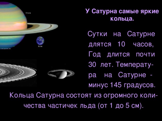 У Сатурна самые яркие кольца. Ррр Сутки на Сатурне  длятся 10 часов,  Год длится почти  30 лет. Температу-  ра на Сатурне -  минус 145 градусов.  Кольца Сатурна состоят из огромного коли-  чества частичек льда (от 1 до 5 см).