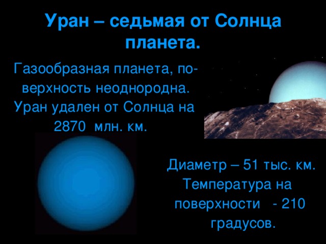 Уран – седьмая от Солнца планета.  Газообразная планета, по-  верхность неоднородна.  Уран удален от Солнца на  2870 млн. км.  Диаметр – 51 тыс. км.  Температура на  поверхности - 210  градусов.