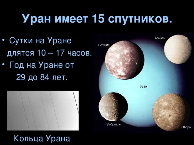 Уран имеет 15 спутников. Сутки на Уране  длятся 10 – 17 часов. Год на Уране от  29 до 84 лет.  Кольца Урана