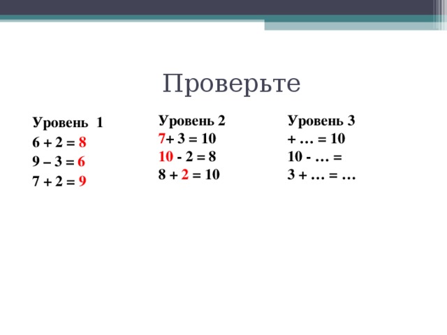 Проверьте Уровень 2 Уровень 3 + … = 10  10 - … =  3 + … = …  7 + 3 = 10 10 - 2 = 8  8 + 2 = 10  Уровень 1 6 + 2 = 8 9 – 3 = 6 7 + 2 = 9