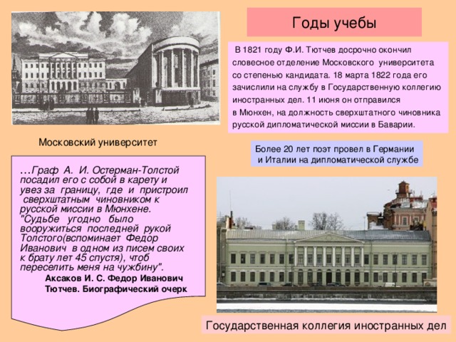 Годы учебы  В 1821 году Ф.И. Тютчев досрочно окончил словесное отделение Московского университета со степенью кандидата. 18 марта 1822 года его зачислили на службу в Государственную коллегию иностранных дел. 11 июня он отправился в Мюнхен, на должность сверхштатного чиновника русской дипломатической миссии в Баварии. Московский университет Более 20 лет поэт провел в Германии  и Италии на дипломатической службе … Граф А. И. Остерман-Толстой посадил его с собой в карету и увез за границу, где и пристроил сверхштатным чиновником к русской миссии в Мюнхене. 