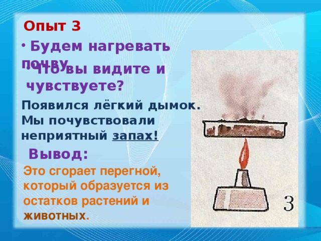 Опыт 3  Будем нагревать почву Что вы видите и чувствуете? Появился лёгкий дымок. Мы почувствовали неприятный запах! Вывод: Это сгорает перегной, который образуется из остатков растений и животных .