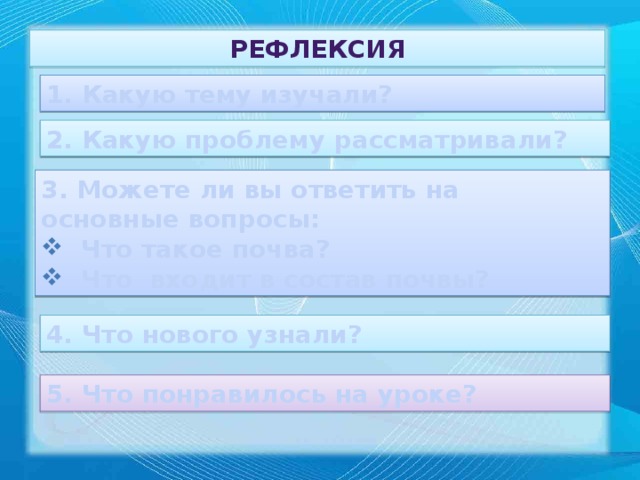 рефлексия 1. Какую тему изучали? 2. Какую проблему рассматривали? 3. Можете ли вы ответить на основные вопросы:  Что такое почва?  Что входит в состав почвы? 4. Что нового узнали? 5. Что понравилось на уроке?