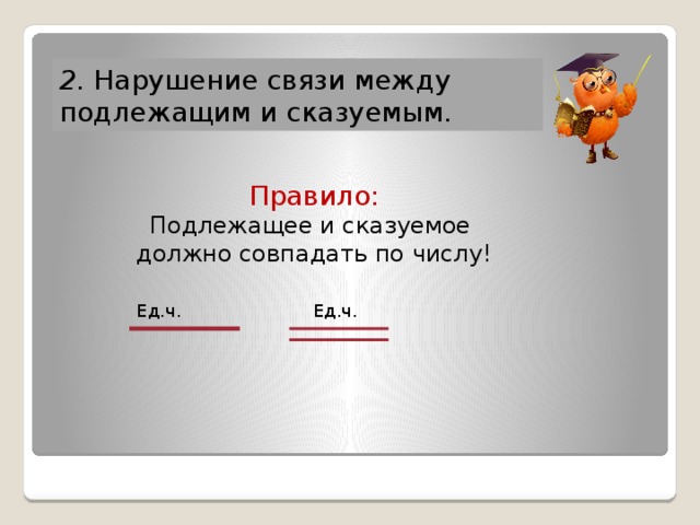 2. нарушение связи между подлежащим и сказуемым. правило: подлежащее и сказуемое должно совпадать по числу! ед.ч. ед.ч.