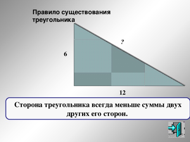 Правило существования треугольника ? 6 12 Сторона треугольника всегда меньше суммы двух других его сторон.