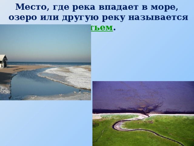 Место, где река впадает в море,  озеро или другую реку называется устьем .