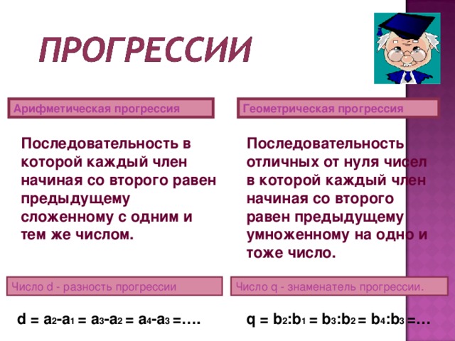 Арифметическая прогрессия Геометрическая прогрессия Последовательность в которой каждый член начиная со второго равен предыдущему сложенному с одним и тем же числом. Последовательность отличных от нуля чисел в которой каждый член начиная со второго равен предыдущему умноженному на одно и тоже число. Число d  - разность прогрессии Число q  - знаменатель прогрессии. d = a 2 -a 1 = a 3 -a 2 = a 4 -a 3 =…. q = b 2 : b 1 = b 3 : b 2 = b 4 : b 3 =…