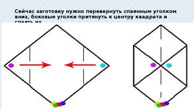 Сейчас заготовку нужно перевернуть спаянным уголком вниз, боковые уголки притянуть к центру квадрата и спаять их.