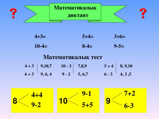 Математикалық диктант  4+3 =    5+4=   3+6=  10-4=    8-4=   9-5=   Математикалы қ тест 4 + 3  9,10,7  10 - 3  7,8,9   5 + 4 8, 9,10 6 + 3  9, 6, 4  9 - 2  5, 6,7   6 - 3  4, 3 ,5 7+2 9  8  9-1 10 4+4 9-2 5+5 6-3