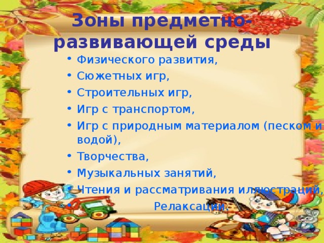 Зоны предметно-развивающей среды