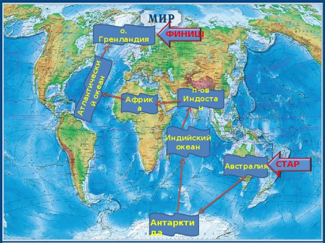 Атлантический океан Ин о. Гренландия ФИНИШ п-ов Индостан Африка Индийский океан СТАРТ Австралия  Антарктида