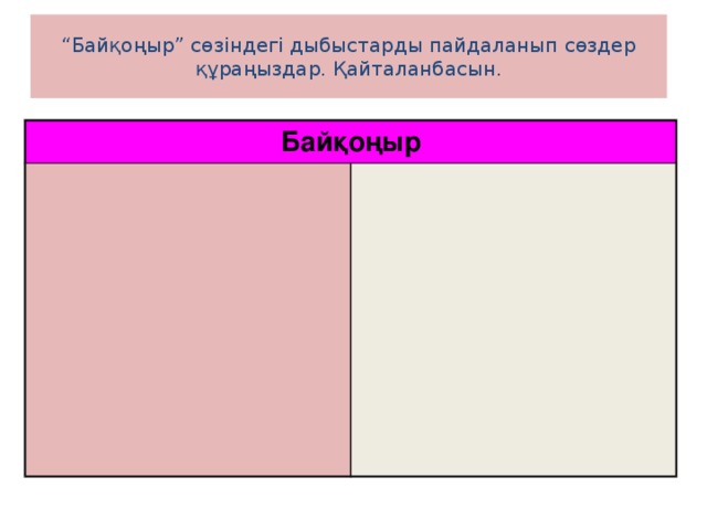 “ Байқоңыр” сөзіндегі дыбыстарды пайдаланып сөздер құраңыздар. Қайталанбасын. Байқоңыр