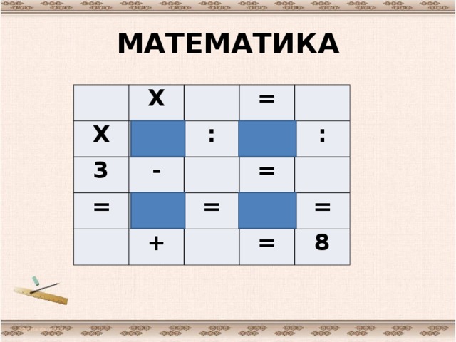 МАТЕМАТИКА Х Х 3 = - = : = + : = = = 8 http://aida.ucoz.ru