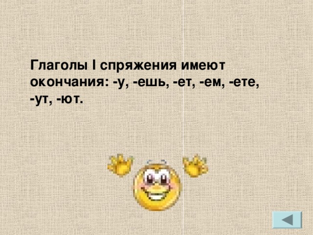 Глаголы I спряжения имеют окончания: -у, -ешь, -ет, -ем, -ете, -ут, -ют.