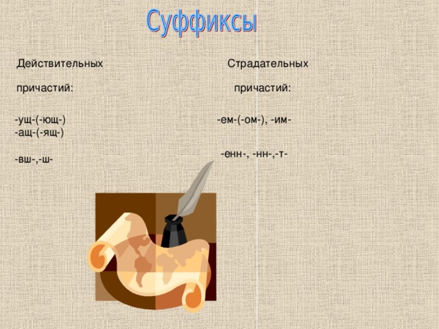 Страдательных Действительных причастий: причастий: -ем-(-ом-), -им- -ущ-(-ющ-)  -ащ-(-ящ-)   -вш-,-ш-   -енн-, -нн-,-т-