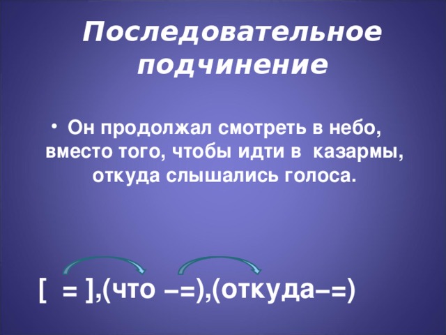 Последовательное подчинение Он продолжал смотреть в небо, вместо того, чтобы идти в казармы, откуда слышались голоса. [ = ],(что −=),(откуда−=) 39 39