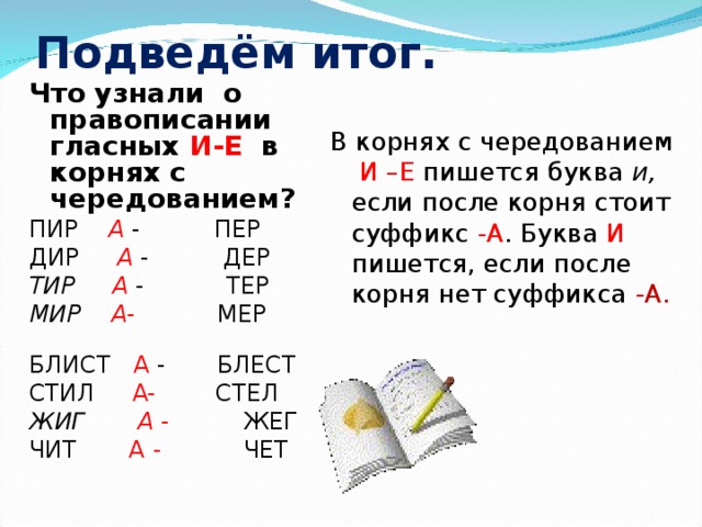 Подведём итог. Что узнали о правописании гласных И-Е в корнях с чередованием? ПИР А - ПЕР  ДИР А  - ДЕР ТИР А - ТЕР  МИР А - МЕР    БЛИСТ А - БЛЕСТ СТИЛ A- СТЕЛ ЖИГ А - ЖЕГ   ЧИТ А - ЧЕТ В корнях с чередованием И –Е пишется буква и, если после корня стоит суффикс -А . Буква И пишется, если после корня нет суффикса -А.