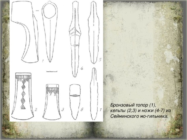 Бронзовый топор (1), кельты (2,3) и ножи (4-7) из Сейминского мо-гильника.