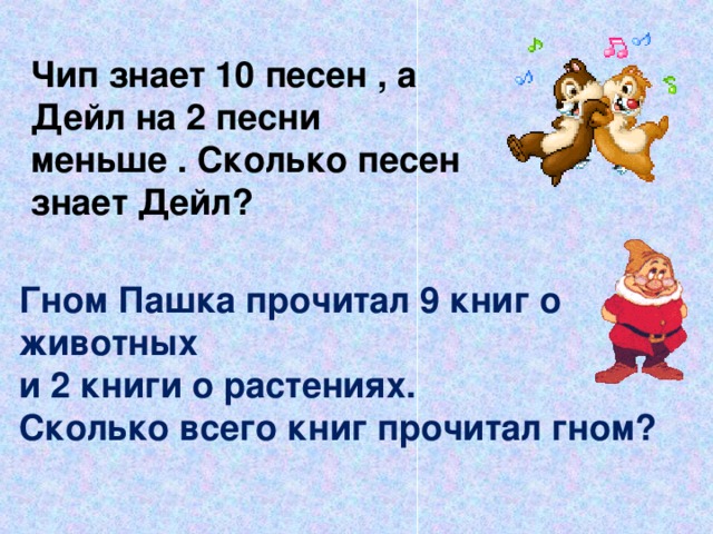 Чип знает 10 песен , а Дейл на 2 песни меньше . Сколько песен знает Дейл? Гном Пашка прочитал 9 книг о животных и 2 книги о растениях. Сколько всего книг прочитал гном?