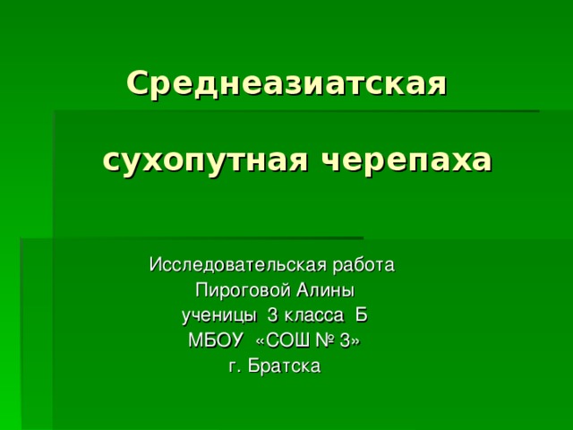 Среднеазиатская   сухопутная черепаха Исследовательская работа Пироговой Алины ученицы 3 класса Б МБОУ «СОШ № 3» г. Братска