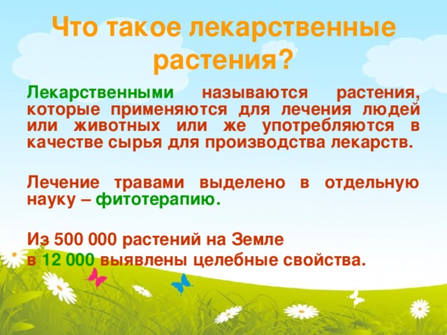 Что такое лекарственные растения? Лекарственными называются растения, которые применяются для лечения людей или животных или же употребляются в качестве сырья для производства лекарств.  Лечение травами выделено в отдельную науку – фитотерапию.  Из 500 000 растений на Земле в 12 000 выявлены целебные свойства.