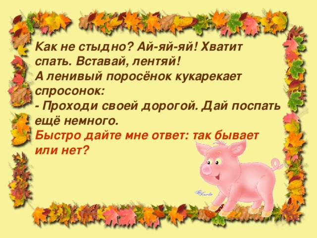 Как не стыдно? Ай-яй-яй! Хватит спать. Вставай, лентяй!  А ленивый поросёнок кукарекает спросонок:  - Проходи своей дорогой. Дай поспать ещё немного.  Быстро дайте мне ответ: так бывает или нет?