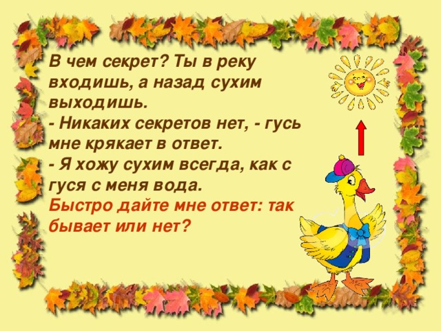 В чем секрет? Ты в реку входишь, а назад сухим выходишь.  - Никаких секретов нет, - гусь мне крякает в ответ.  - Я хожу сухим всегда, как с гуся с меня вода.  Быстро дайте мне ответ: так бывает или нет?