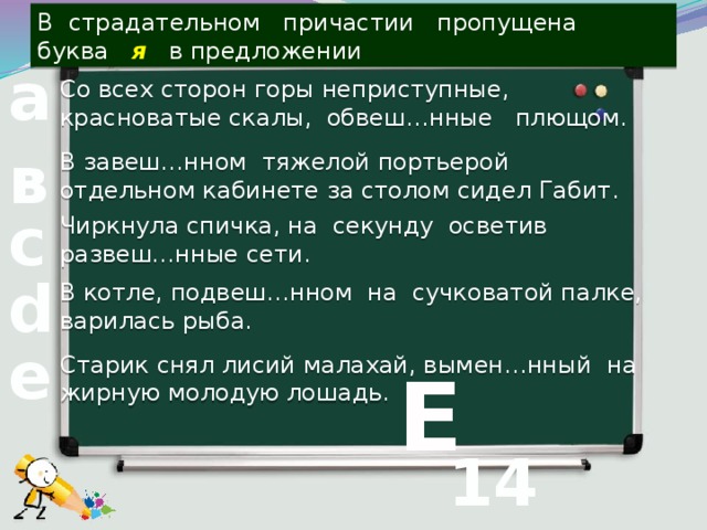 В страдательном причастии пропущена буква я в предложении Со всех сторон горы неприступные, красноватые скалы, обвеш…нные плющом. а В завеш…нном тяжелой портьерой отдельном кабинете за столом сидел Габит. в Чиркнула спичка, на секунду осветив развеш…нные сети. с В котле, подвеш…нном на сучковатой палке, варилась рыба. d Старик снял лисий малахай, вымен…нный на жирную молодую лошадь. е  Е 14 вопрос