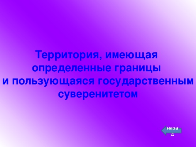 Территория, имеющая  определенные границы  и пользующаяся государственным суверенитетом назад