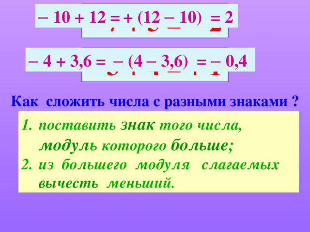   7 + 5 =  2  + (12  10) = 2   10 + 12 =   3 + 4 = + 1   4 + 3,6 =    (4  3,6) =  0,4 Как сложить числа с разными знаками ? поставить  знак  того числа, модул ь которого  больше ; из большего модуля слагаемых вычесть меньший . 2