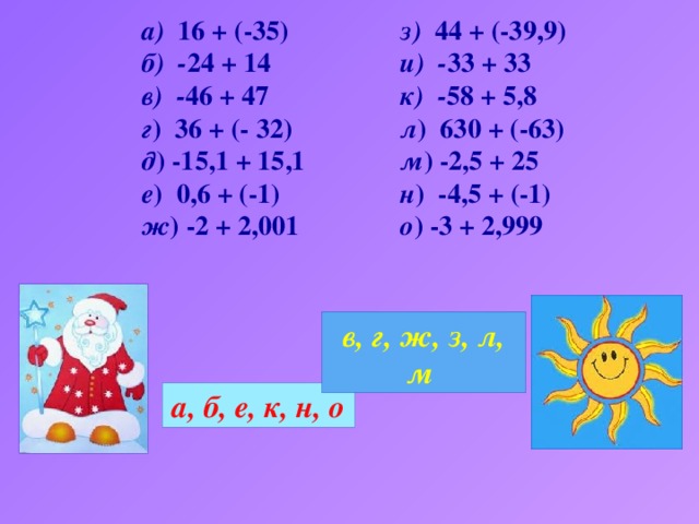 а) 16 + (-35) з) 44 + (-39,9) б) - 24 + 14 и) - 33 + 33 к) - 58 + 5,8 в) - 46 + 47 г ) 36 + (- 32) л ) 630 + (-63) д ) -15,1 + 15,1 м ) -2,5 + 25 е ) 0,6 + (-1) н ) -4,5 + (-1) ж ) -2 + 2,001 о ) -3 + 2,999   в, г, ж, з, л, м а, б, е, к, н, о 2